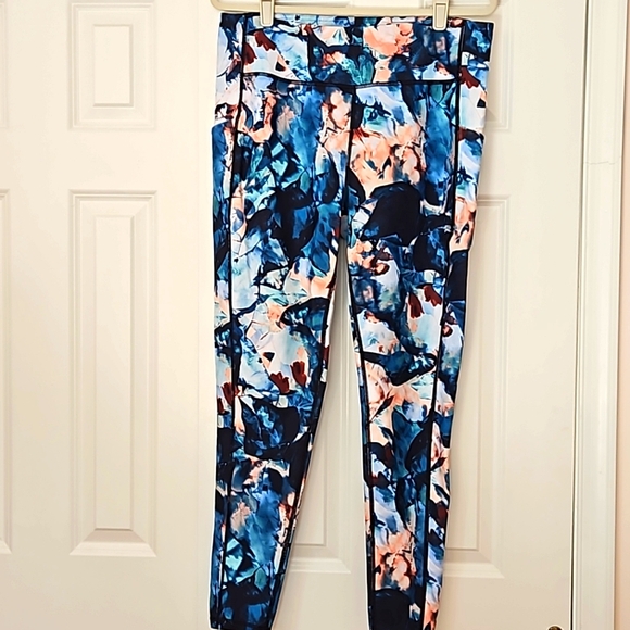 Tek Gear 1X ultra stretch workout leggings. Peach burgundy navy + pale blue. EUC - Picture 1 of 8